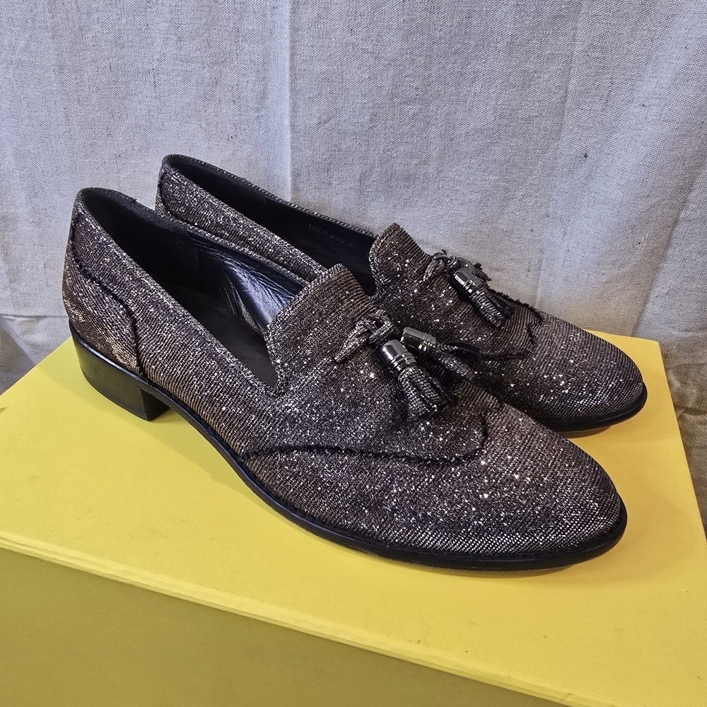 Stuart Weitzman Glitter Tassel Loafers in Black and Silver